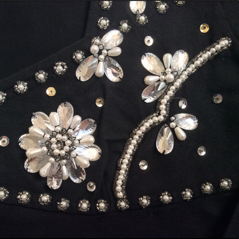 Elegant Black Long Sleeve Top With Crystal Pearl and Sequin Embellishment